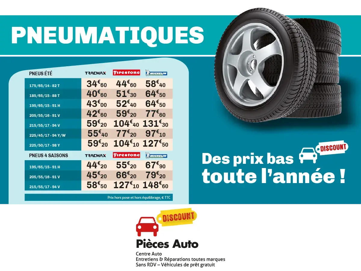 Tableau comparatif des prix pour le changement de 4 pneus été et 4 saisons. Découvrez les meilleurs prix pour vos pneus.