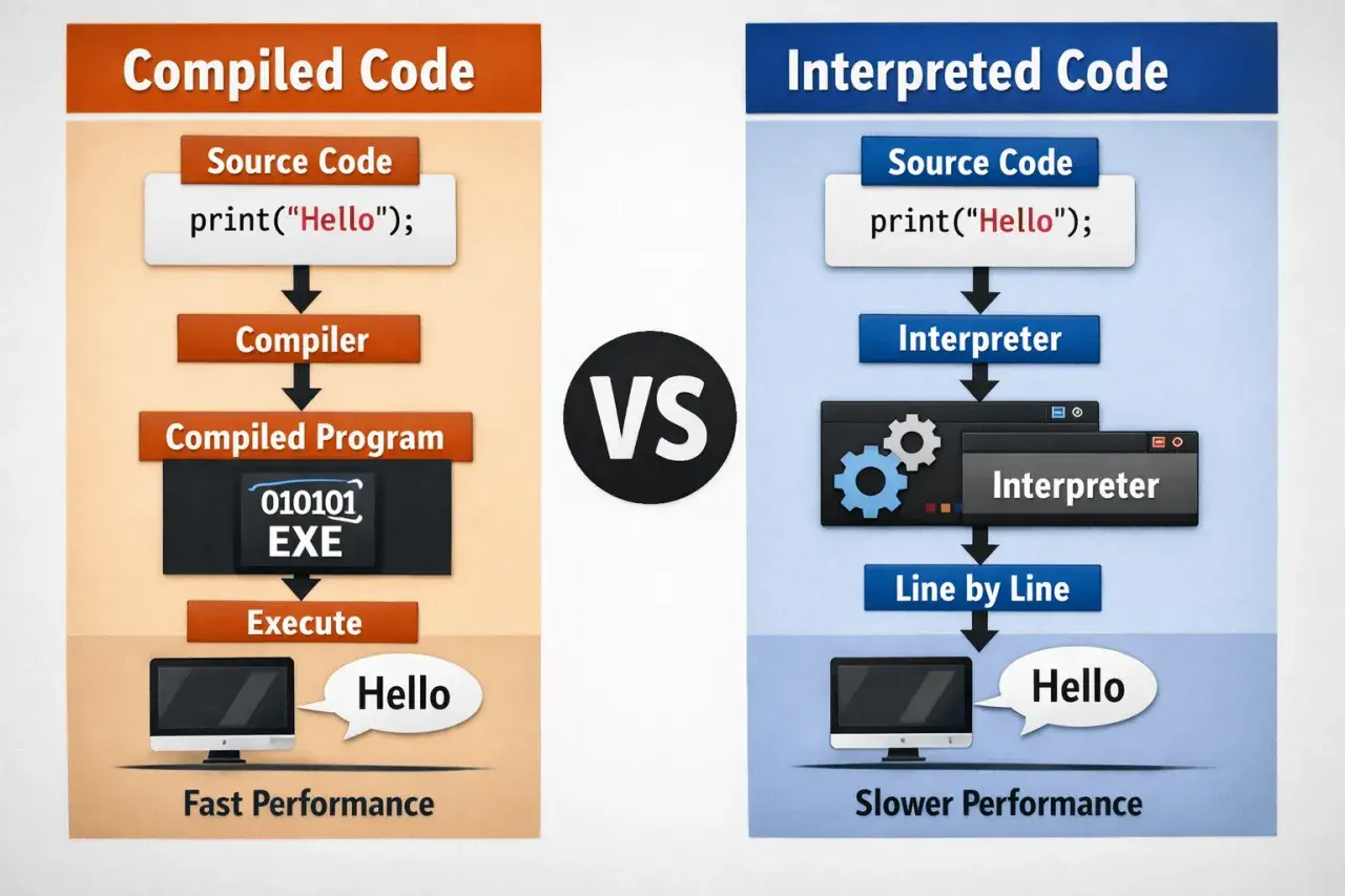 Comparaison entre code compilé et code interprété. Le langage interprété exécute le code ligne par ligne, offrant une flexibilité accrue.