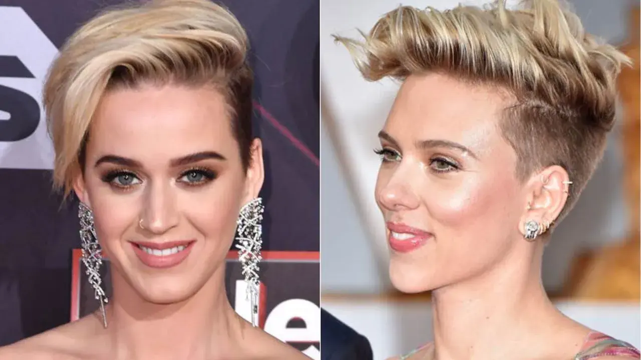 Katy Perry y Scarlett Johansson lucen atrevidos cortes de pelo mujer corto estilo pixie moderno, con laterales rapados y volumen en la parte superior.