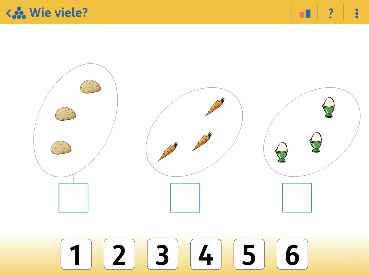 Zähle die Kartoffeln, Karotten und Eier. Übe blitzrechnen online, indem du die richtige Zahl auswählst.