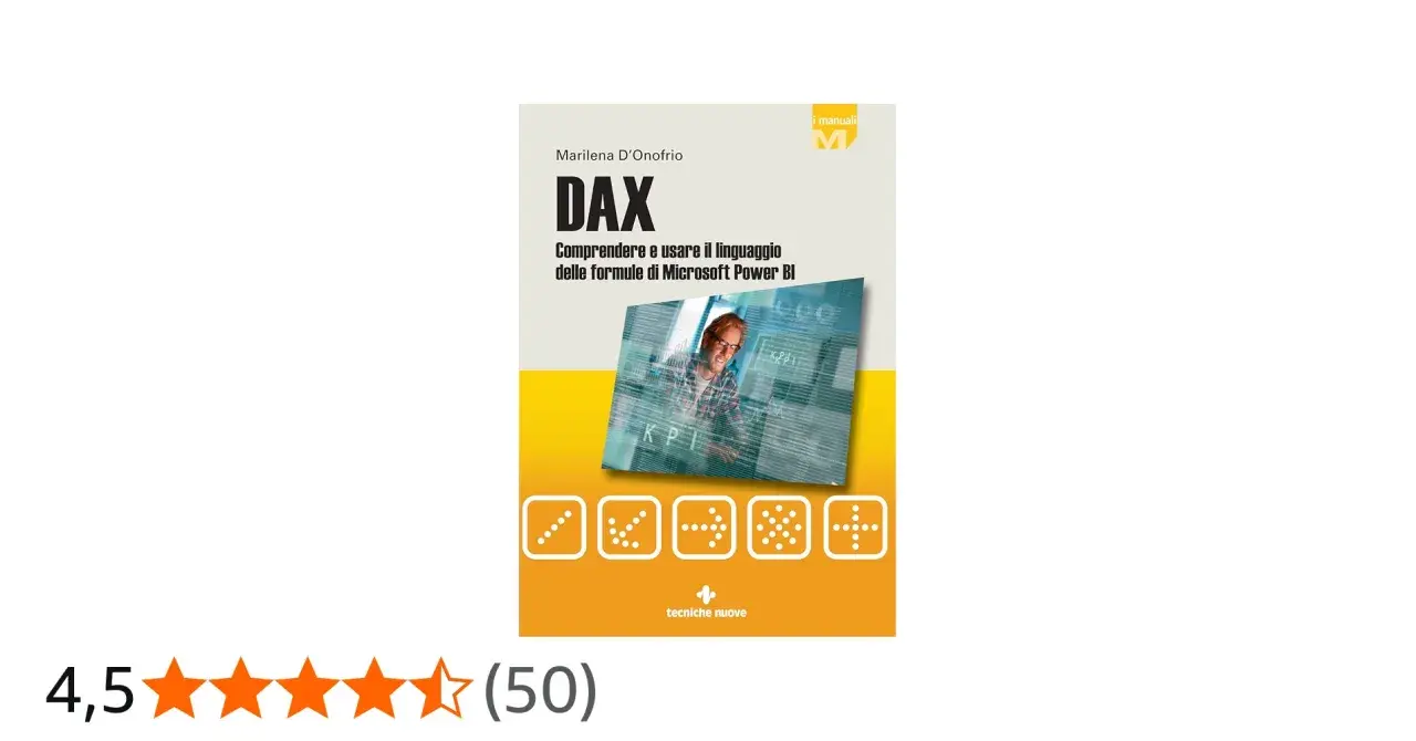 Copertina libro "DAX: Comprendere e usare il linguaggio delle formule di Microsoft Power BI". Immagine di un uomo davanti a uno schermo con grafici e formule.