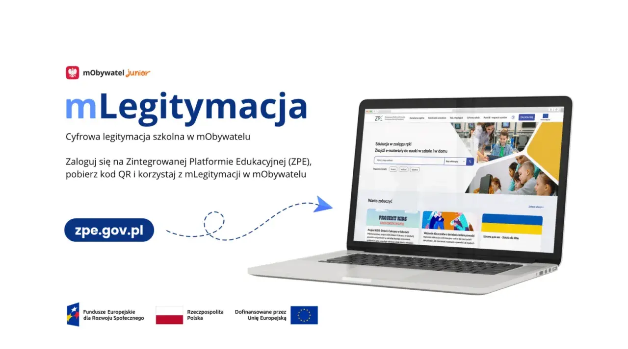 Laptop z otwartą stroną mLegitymacji na ekranie, z tekstem i logotypami.