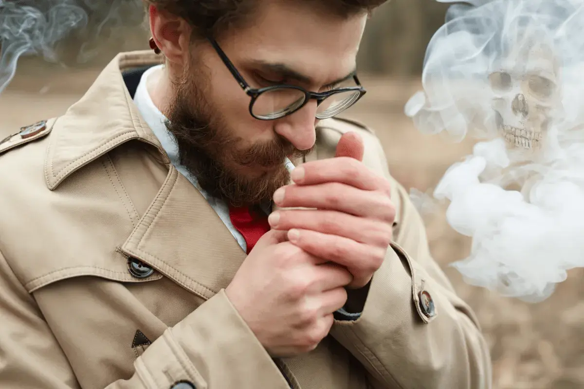 Hombre con barba enciende cigarrillo. El humo forma una calavera, advirtiendo sobre la alergia al humo del tabaco.