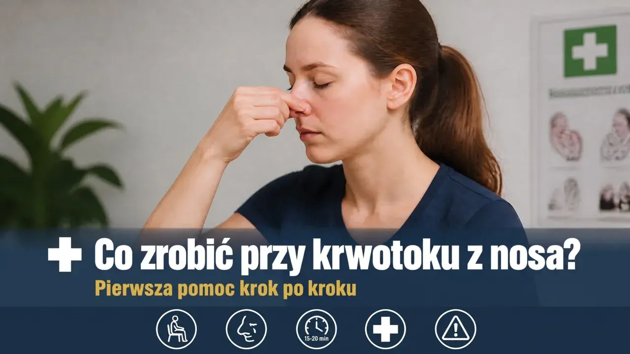 Kobieta zamyka oczy, uciskając nos. Krwotok z nosa może być objawem osłabienia organizmu. Dowiedz się, jak udzielić pierwszej pomocy.