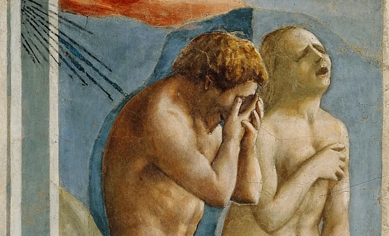 Masaccio wygnanie z raju: Adam i Ewa opłakują swój los, ich twarze wykrzywione bólem po utracie niewinności.