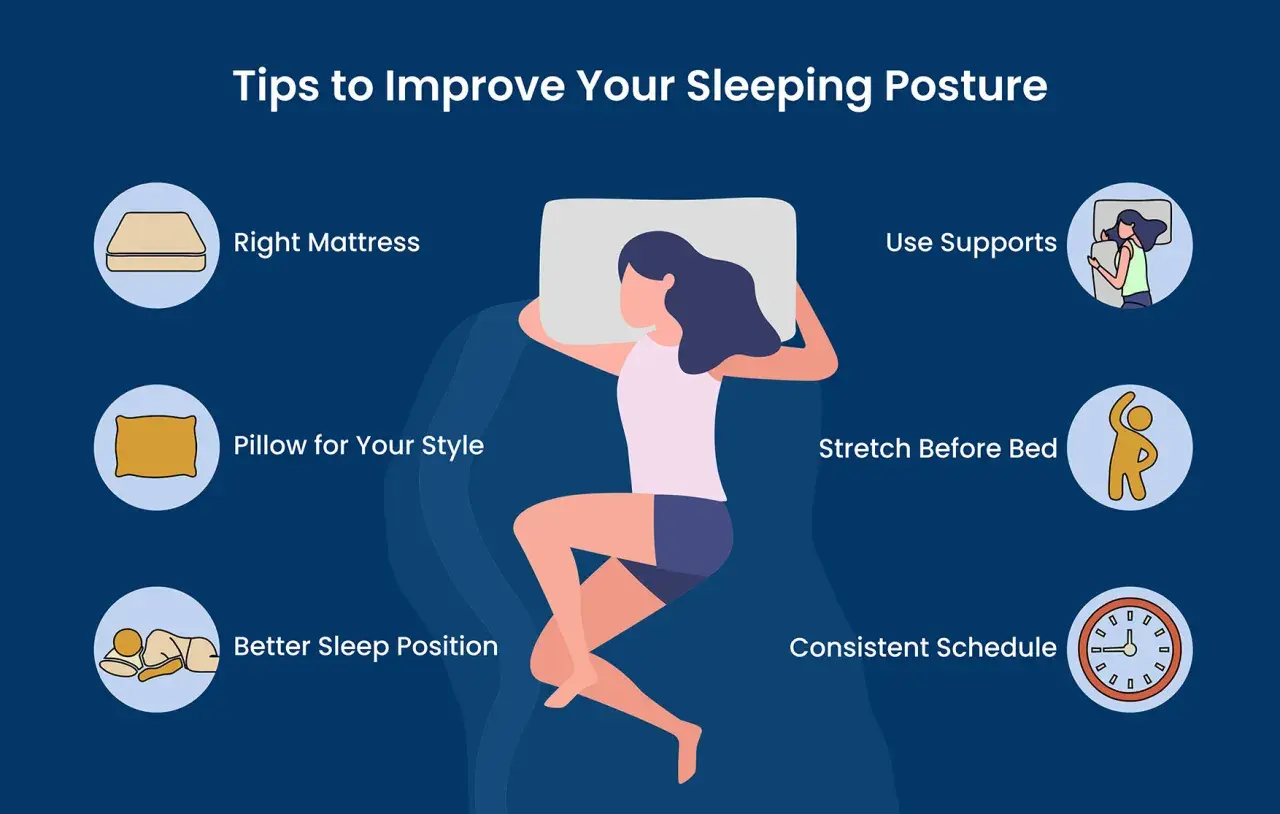 Tips to improve your sleeping posture: right mattress, pillow, supports, stretching, better sleep position, and consistent schedule.