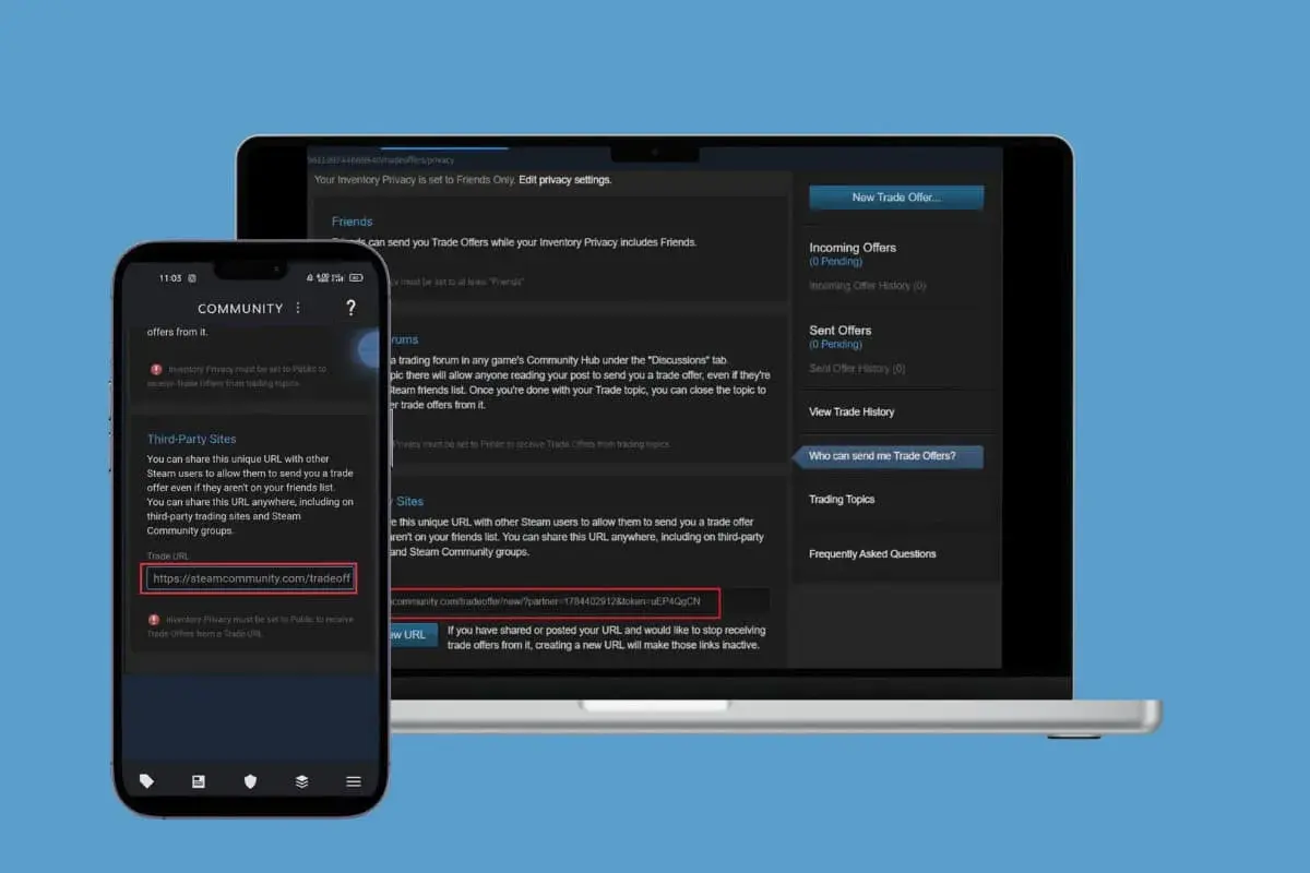 Jak zrobic trade url na Steam? Na ekranie telefonu i laptopa widać instrukcję, jak uzyskać link do wymiany.
