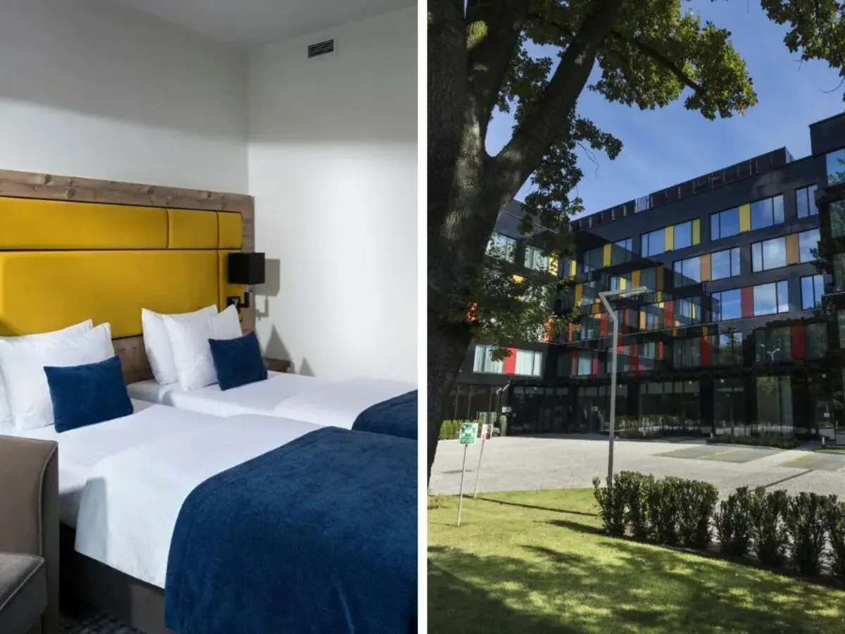Przytulne pokoje hotelowe z żółtym zagłówkiem i nowoczesny budynek hotelu z kolorowymi oknami.