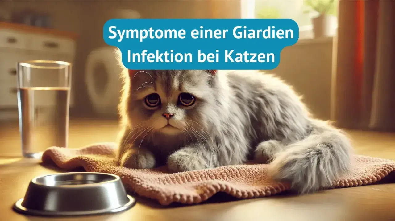 Traurige Katze mit traurigen Augen, die auf einem Teppich liegt. Daneben ein Glas Wasser und ein Napf. Text: "Symptome einer Giardien Infektion bei Katzen".
