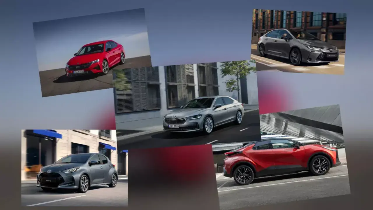 Kolaż samochodów: czerwona Skoda, szara Toyota Yaris, srebrna Skoda, szara Toyota Corolla. Idealne do rankingu leasingów samochodowych.
