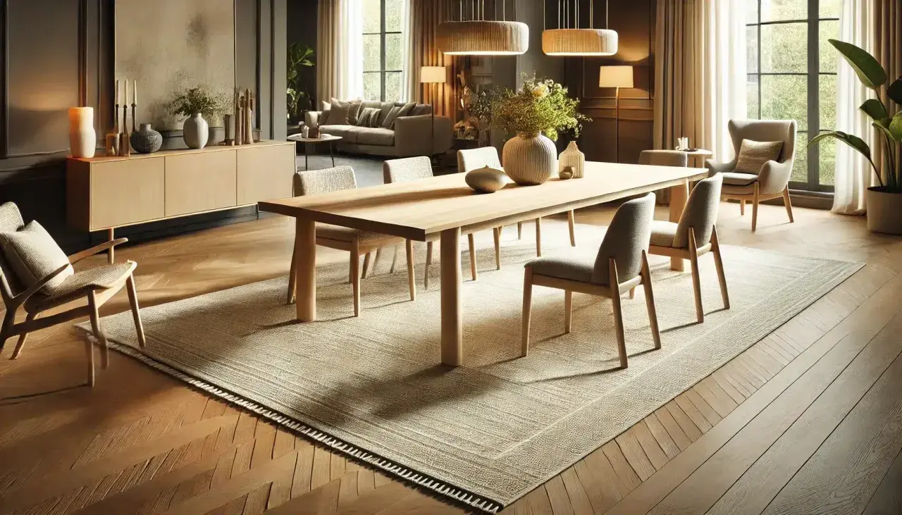 En ljus matta under matbordet ger en varm och inbjudande känsla. Perfekt matta under matbord inspiration för ett modernt hem.