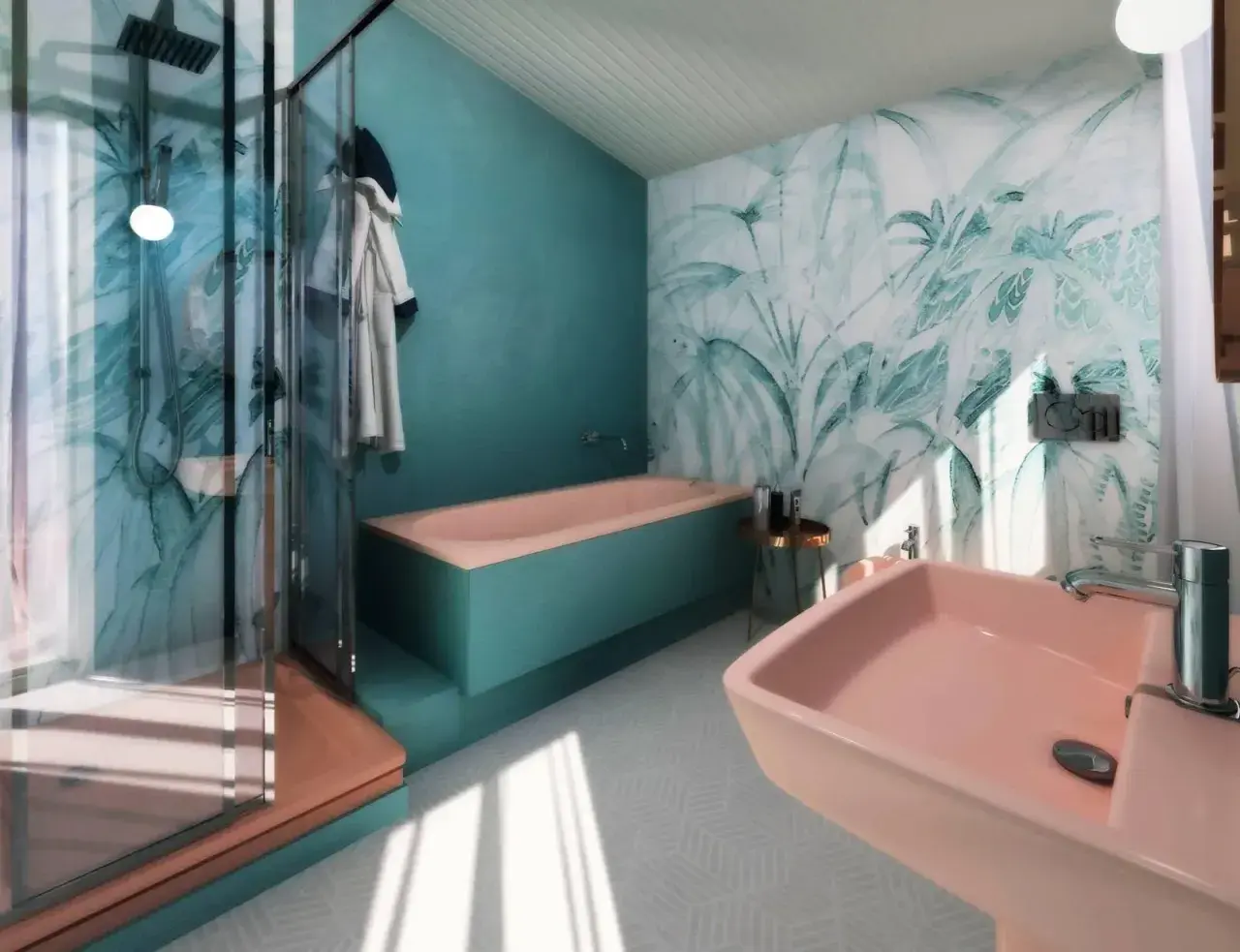 Bagno moderno con vasca rosa e doccia, carta da parati tropicale. Idee per come abbellire un bagno fai da te con stile e colore.