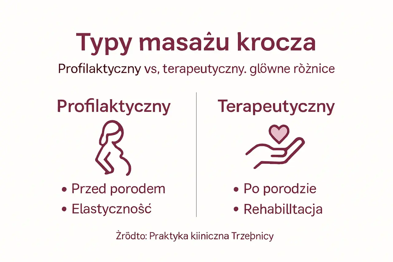 Porównanie masażu krocza: profilaktyczny (przed porodem, elastyczność) i terapeutyczny (po porodzie, rehabilitacja). Jak wykonać masaż krocza?