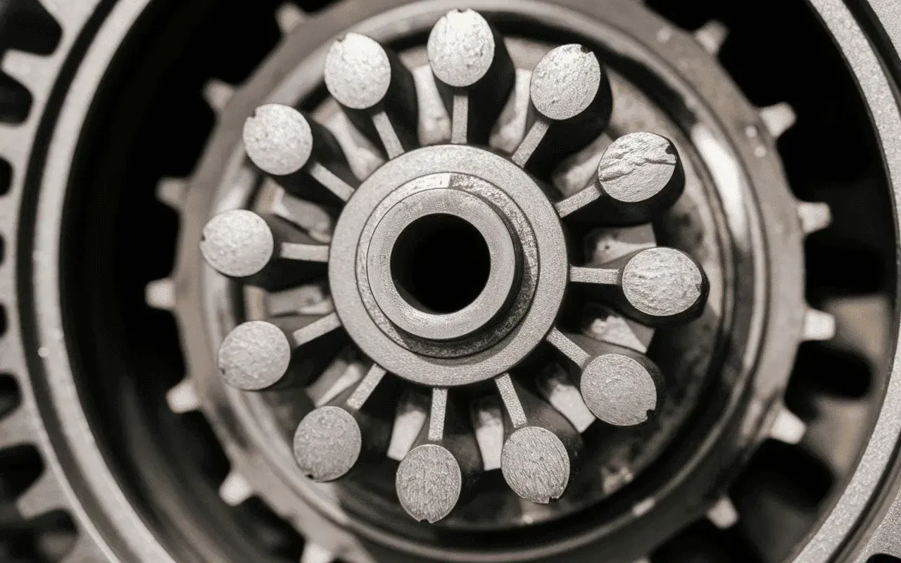 Gros plan d'une pièce mécanique complexe, peut-être une roue dentée ou un moyeu, évoquant une fuite de joint spi boîte de vitesse.