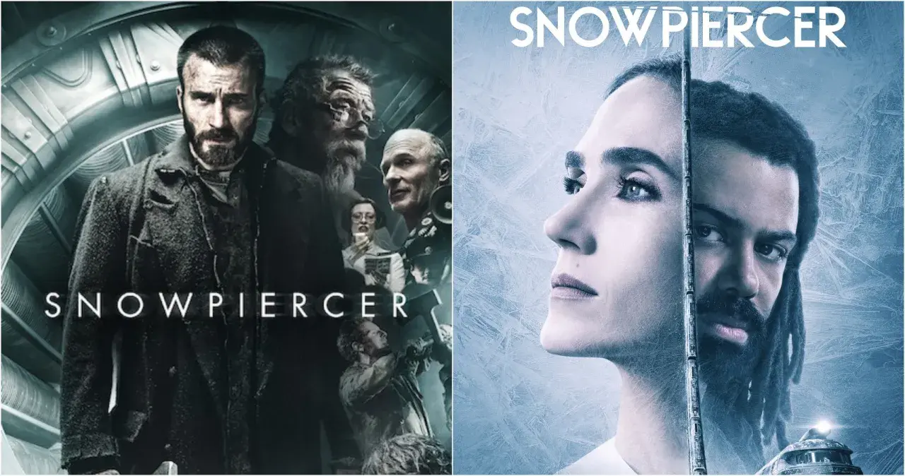 Två affischer för Snowpiercer. Vänster: en man med skägg och mörk rock. Höger: en kvinna och en man med dreadlocks.