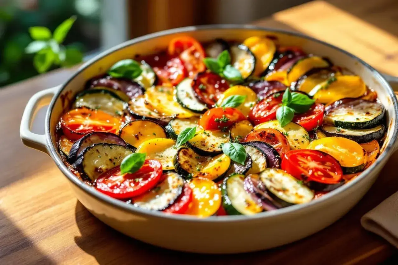 Un tian de légumes coloré, avec des rondelles d'aubergine, de courgette et de tomate disposées en spirale, garni de feuilles de basilic frais.