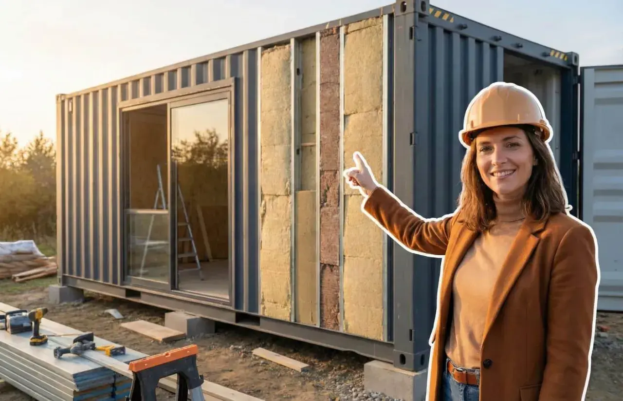 Une femme souriante, casque sur la tête, montre l'isolation d'un container aménagé en habitation. Le chantier est visible.