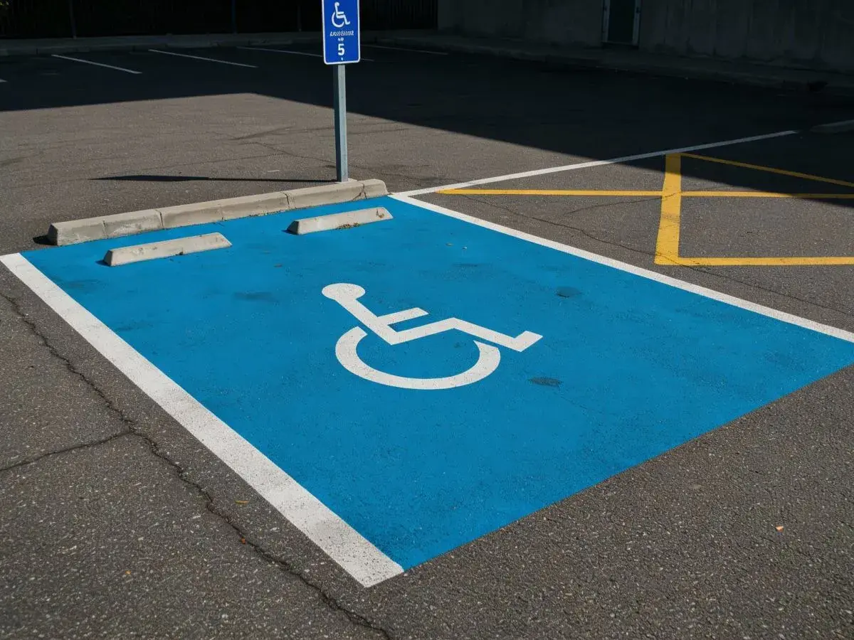 Niebieskie miejsce parkingowe dla niepełnosprawnych, oznaczone symbolem wózka, jest częścią wspólnoty dbającej o dostępność.