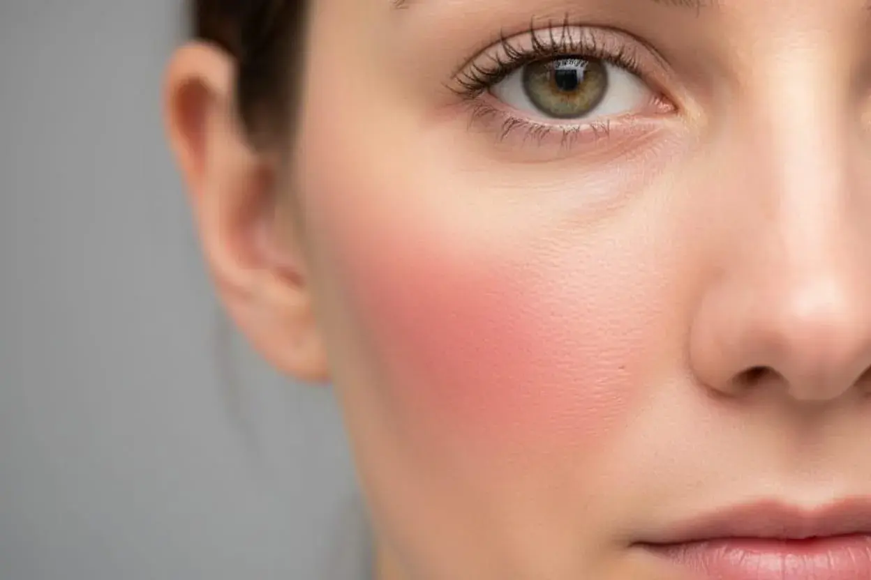 Gesicht einer Frau mit rosiger Wangenröte, die an einen Niacin-Flush erinnert.