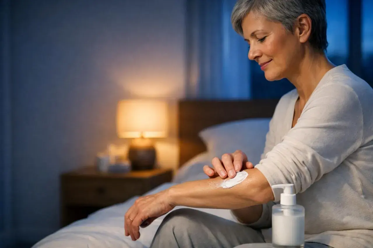 Donna anziana applica crema sul braccio per alleviare il prurito in tutto il corpo la sera. Luce soffusa da una lampada da comodino.
