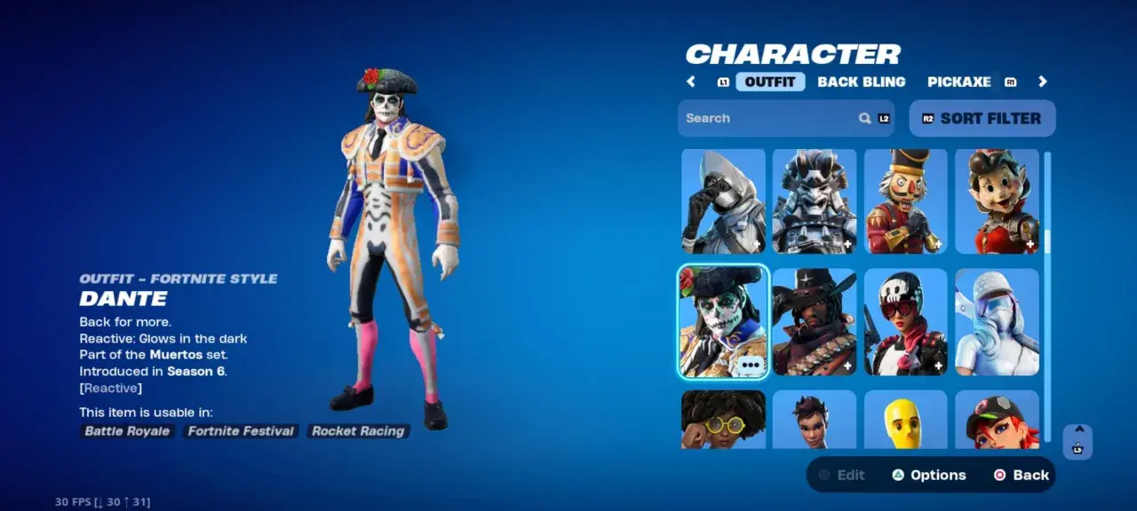 Dante, jeden z rzadkich skinów Fortnite, prezentuje styl muertosa. Jego strój jest reaktywny i świeci w ciemności.
