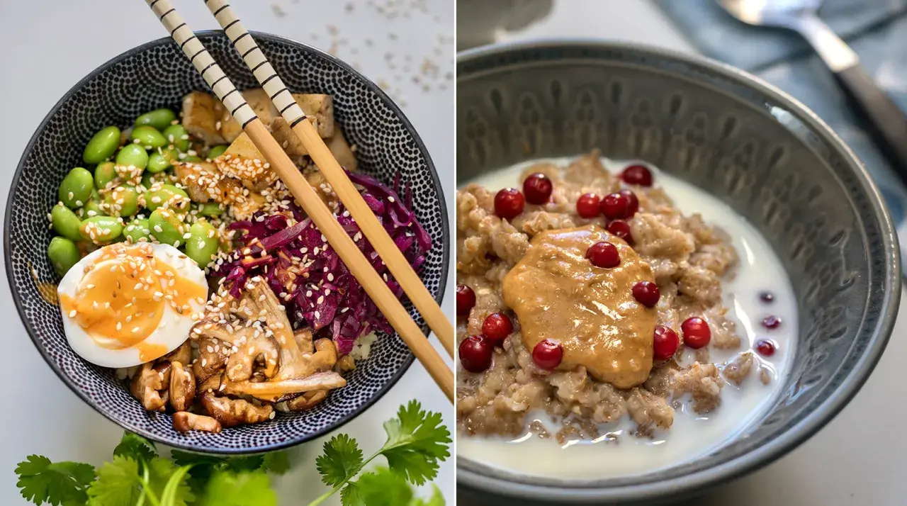 Två skålar med mat: en poke bowl med tofu, edamame och ägg, samt gröt med lingon och jordnötssmör. Båda är exempel på fiberrik kost.