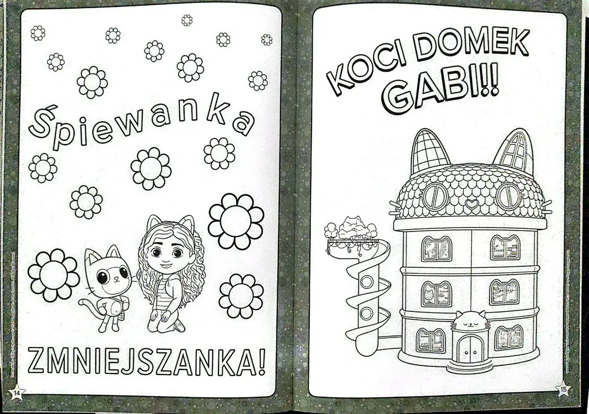 Koci domek Gabi kolorowanka: Gabi i Pufiś otoczeni kwiatkami, obok zjeżdżalnia i domek w kształcie kota.
