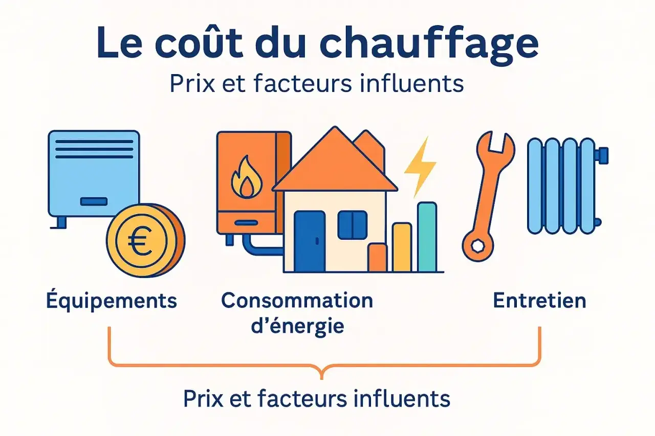 Illustration montrant les facteurs influençant le coût du chauffage : équipements, consommation d'énergie et entretien.