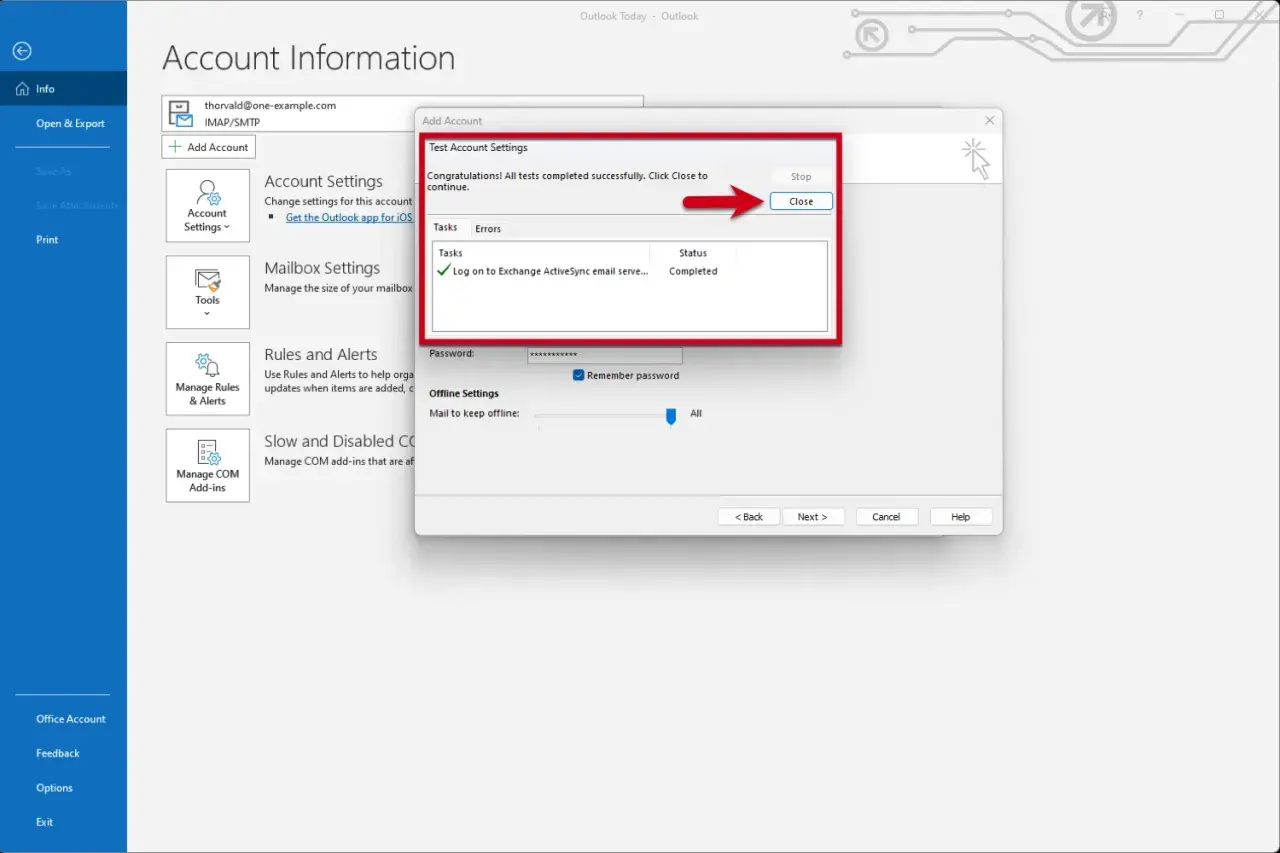 Configuration d'un compte de messagerie, type IBM Notes Mail, réussie dans Outlook. Le test de connexion est terminé.