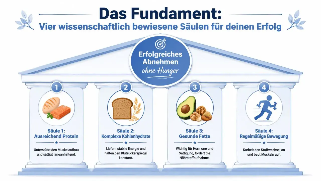 Vier Säulen für erfolgreiches Abnehmen ohne Hunger: Protein, komplexe Kohlenhydrate, gesunde Fette und Bewegung. So vermeidest du Hunger im Kaloriendefizit.