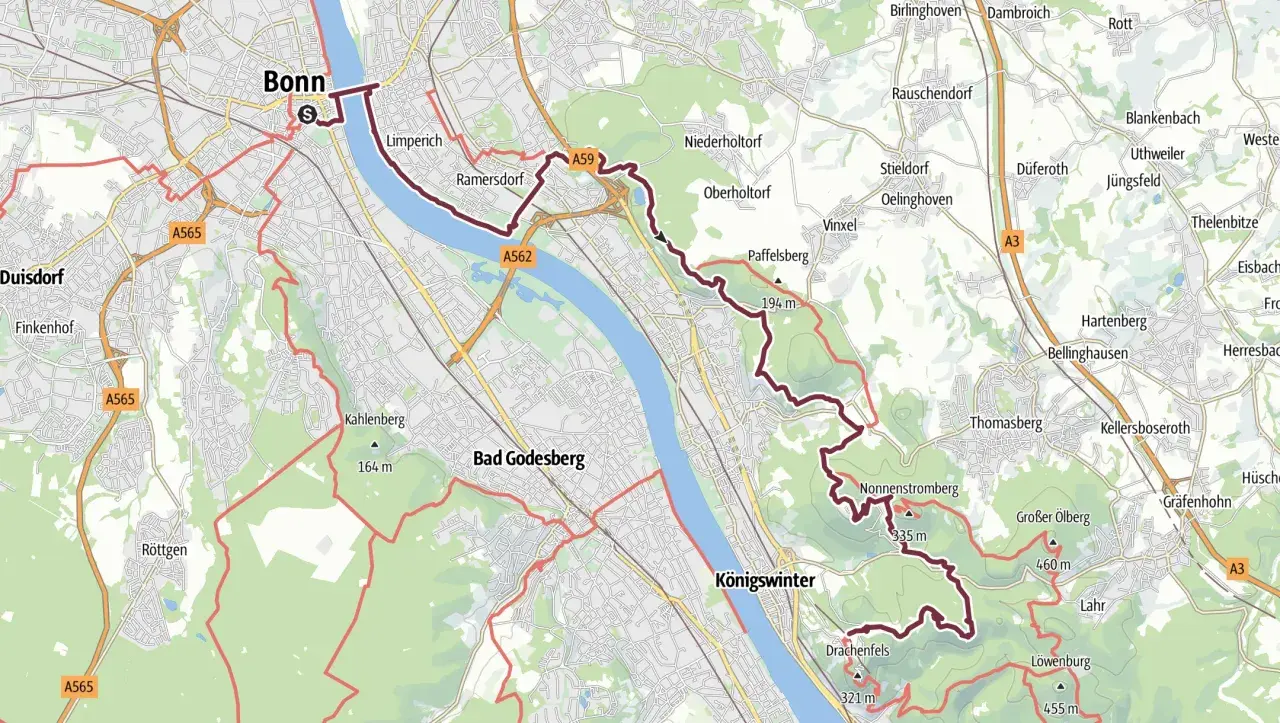 Karte zeigt die Rheinsteig Etappe 1 von Bonn nach Königswinter mit markiertem Weg über Berge wie Drachenfels.