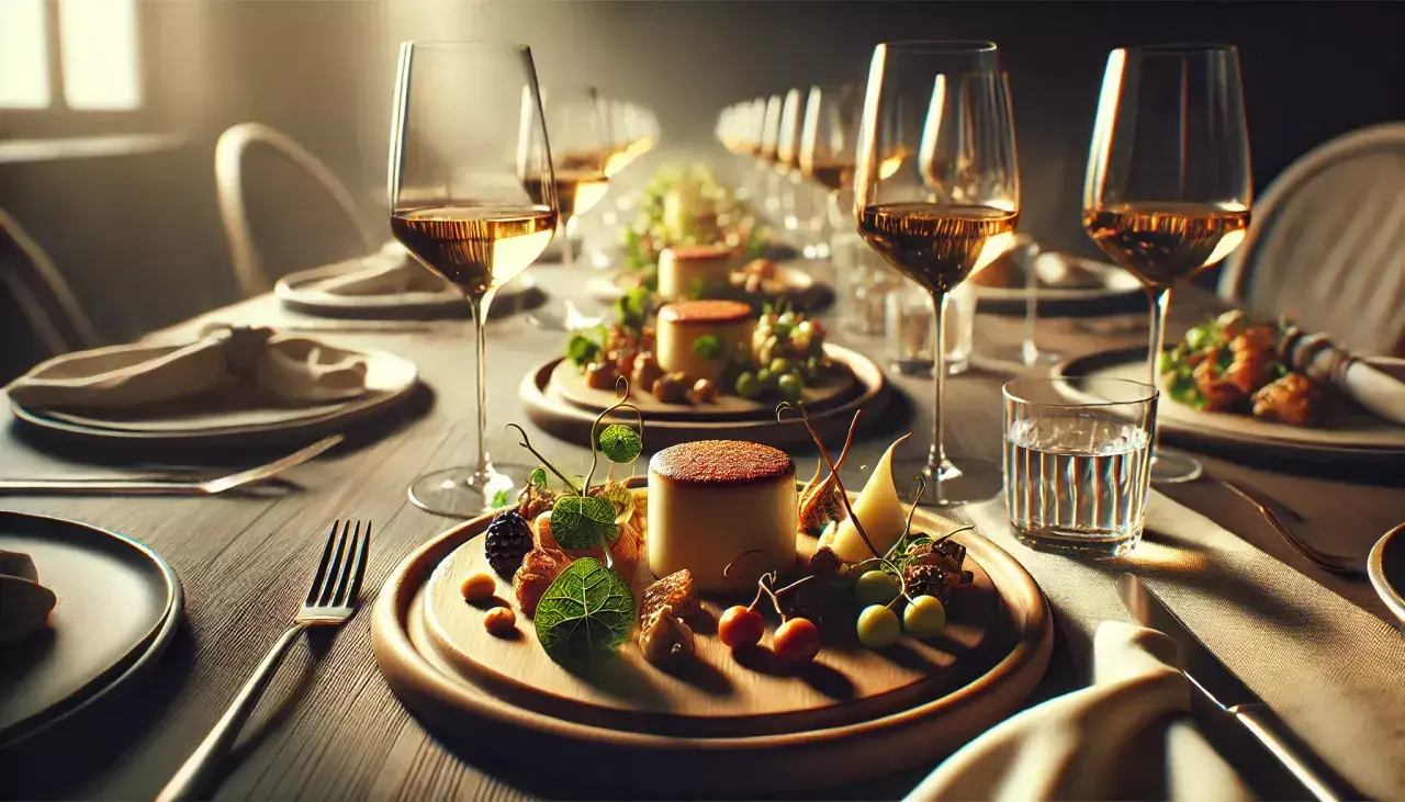 Ett elegant dukat bord med glas fyllda med gyllene vin, redo för en utsökt måltid. Små desserter med bär och frukt väntar. Perfekt vin till mat.