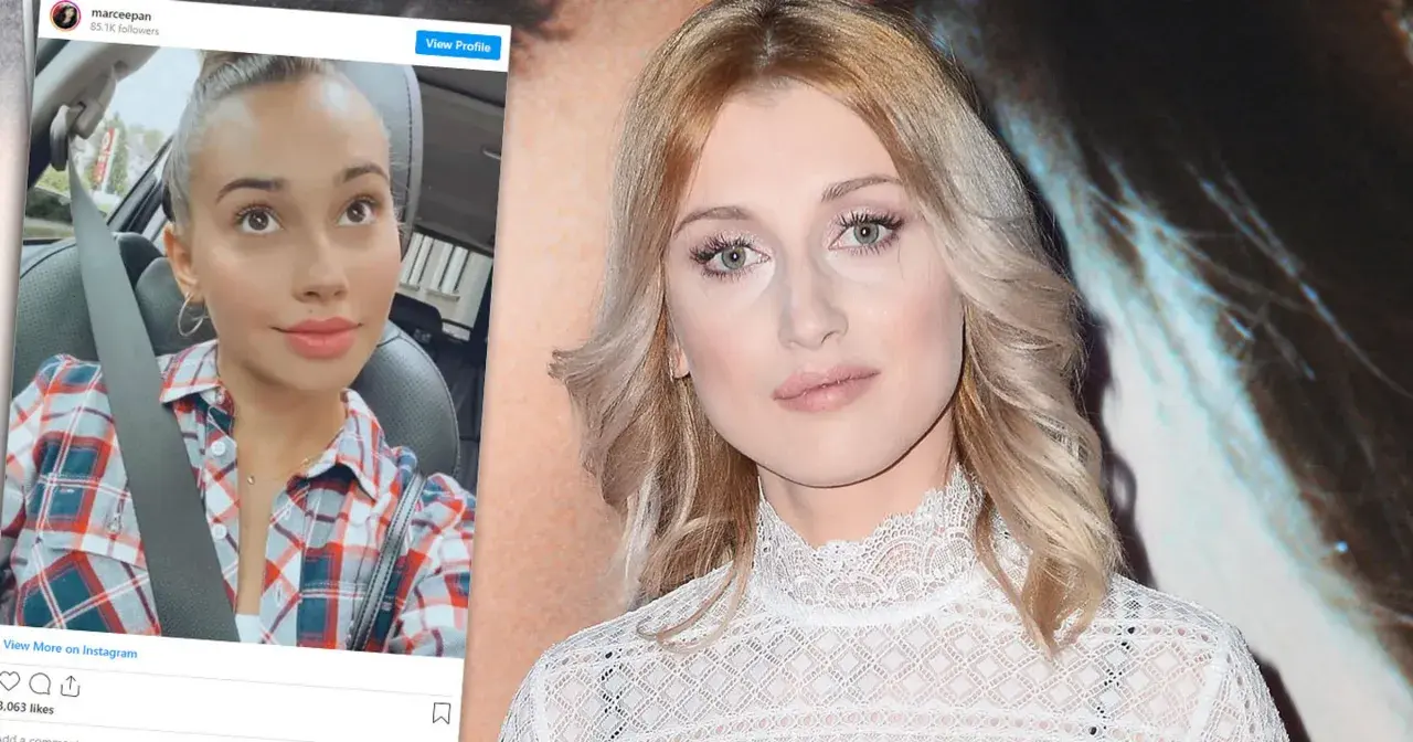 Piotr Żyła partnerka, Marcelina Ziętek, w kratę w aucie i w białej koronkowej bluzce.