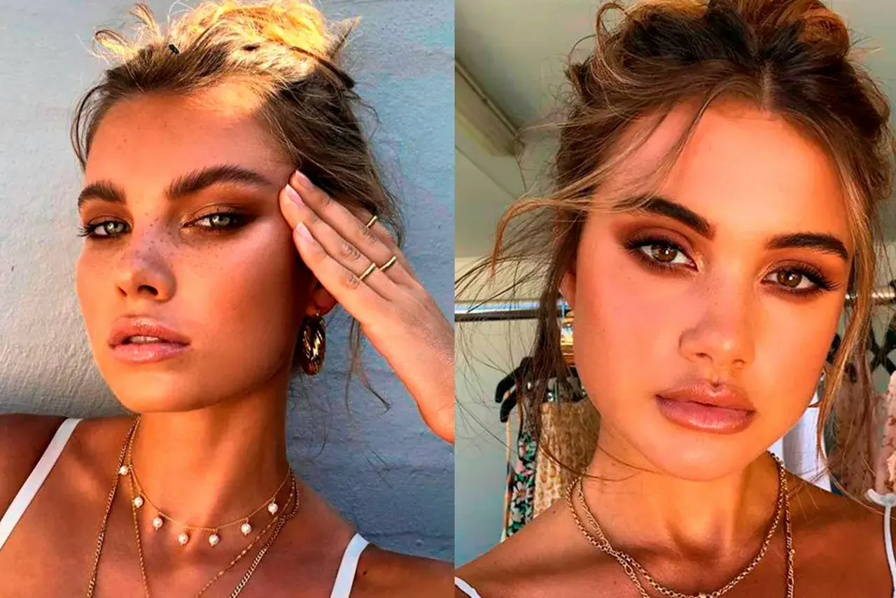 Två kvinnor med solkysst hud och mjukt, varmt smink. Deras ögon är markerade med bruna toner, en look som påminner om latte makeup.