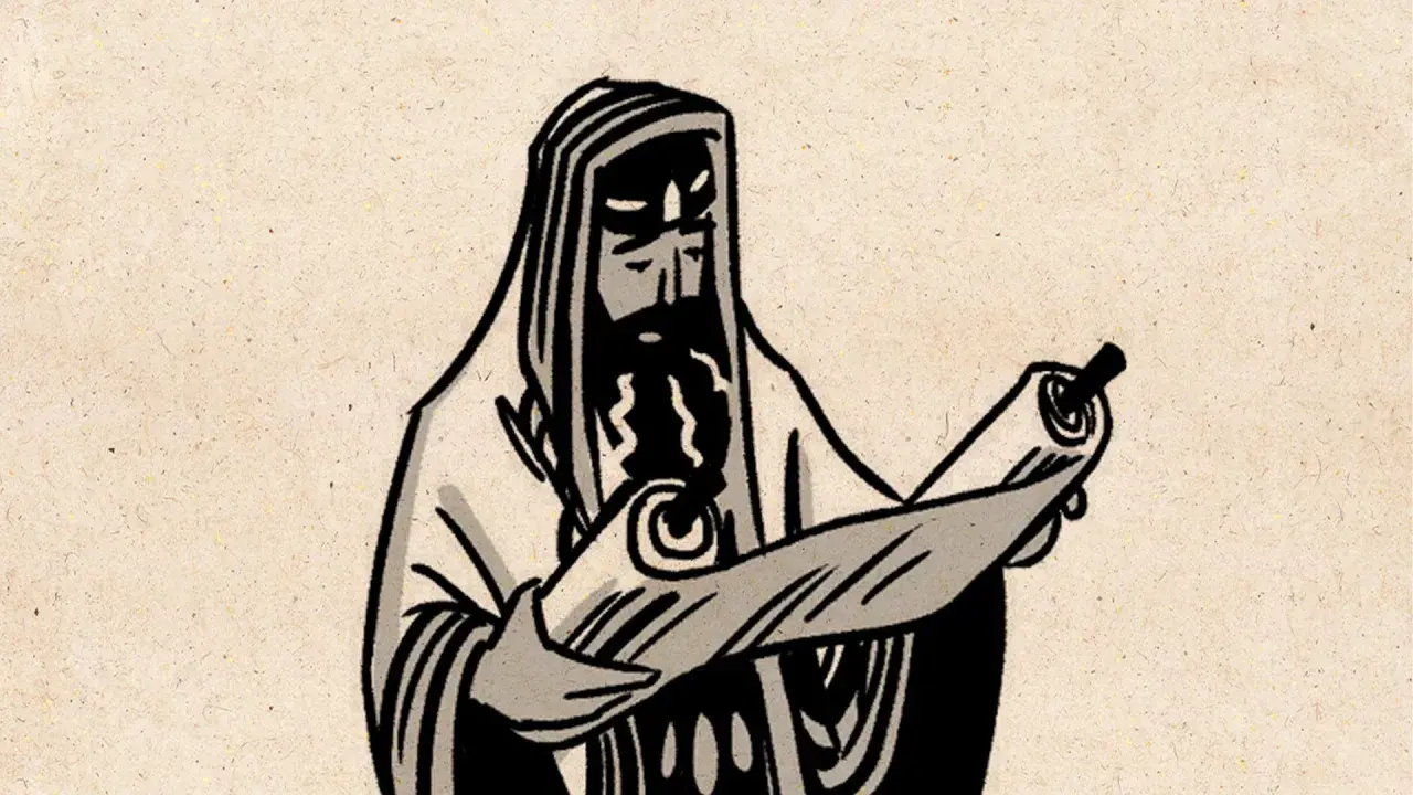Old Testament biblical art: a bearded man in a hooded robe unrolls a scroll, perhaps a prophet or scribe.
