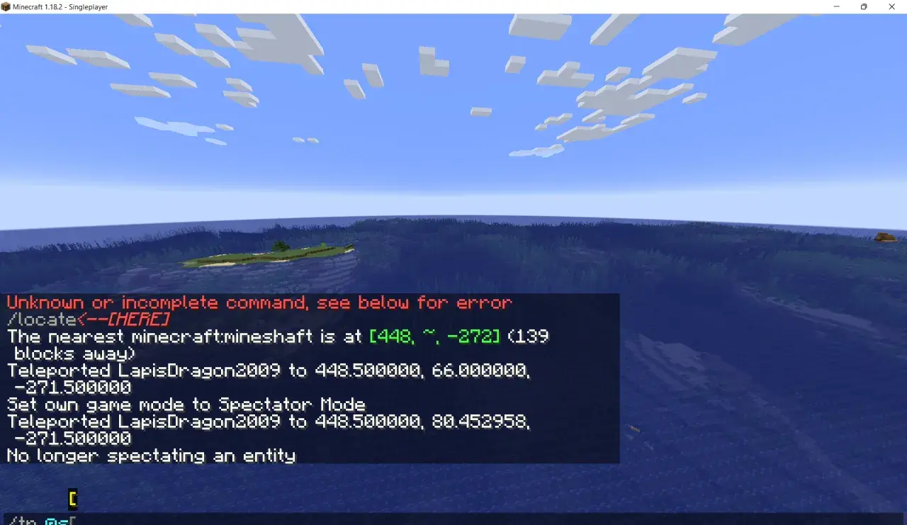 Gracz próbuje użyć komendy teleport minecraft, ale pojawia się błąd. Widać też informację o najbliższym szybie kopalnianym.