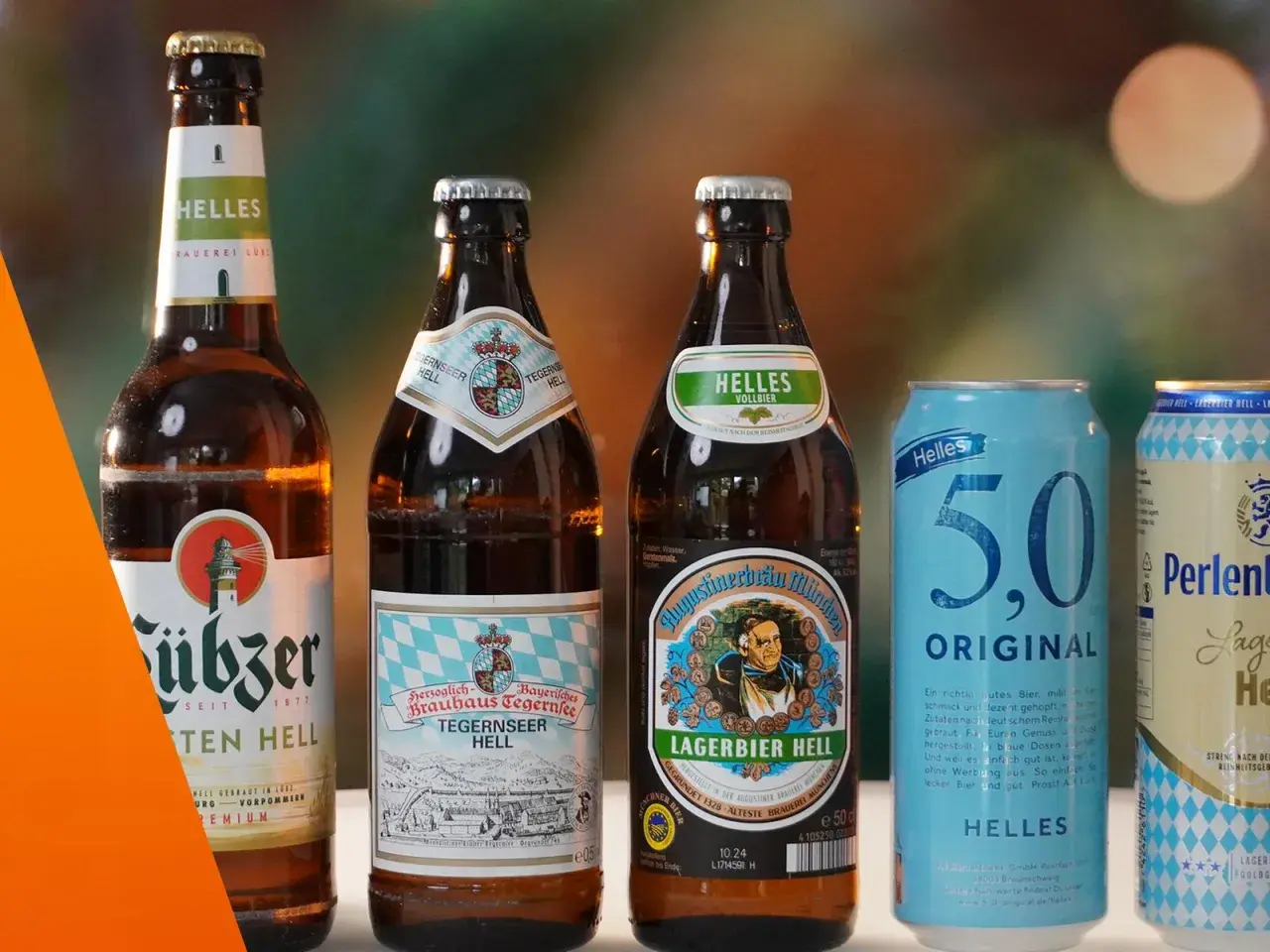 Helles Bier Marken: Flaschen und Dose mit hellen Biersorten wie Tegernseer Hell, Augustiner Lagerbier Hell und Helles 5.0.