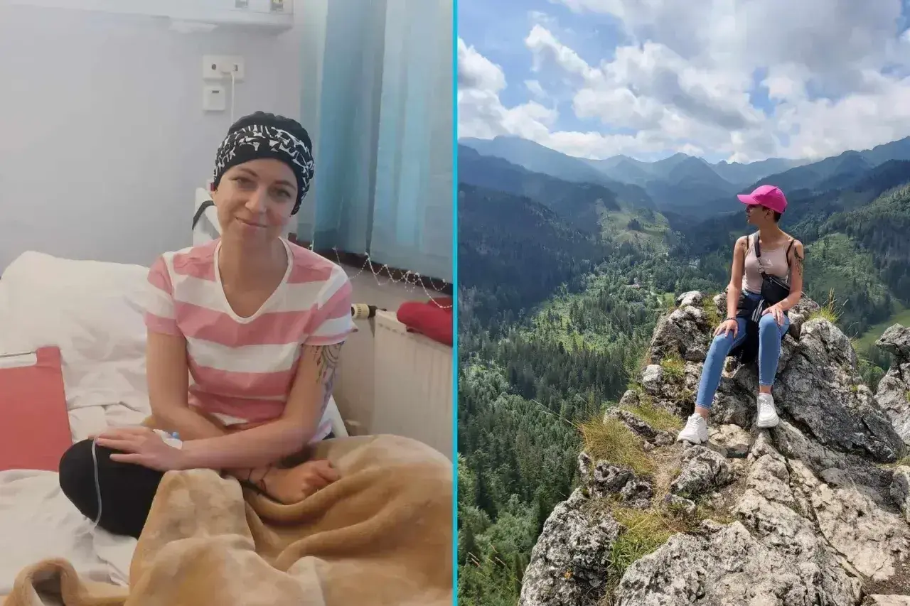 Uśmiechnięta kobieta w szpitalu, walcząca z glejakiem 4 stopnia, i ta sama kobieta ciesząca się życiem w górach.