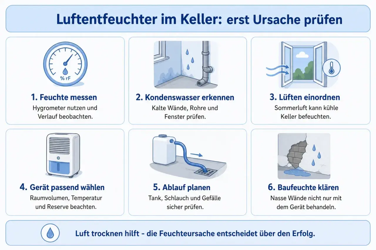 Keller nass was tun? Infografik zeigt 6 Schritte: Feuchte messen, Kondenswasser erkennen, Lüften prüfen, Gerät wählen, Ablauf planen, Baufeuchte klären.