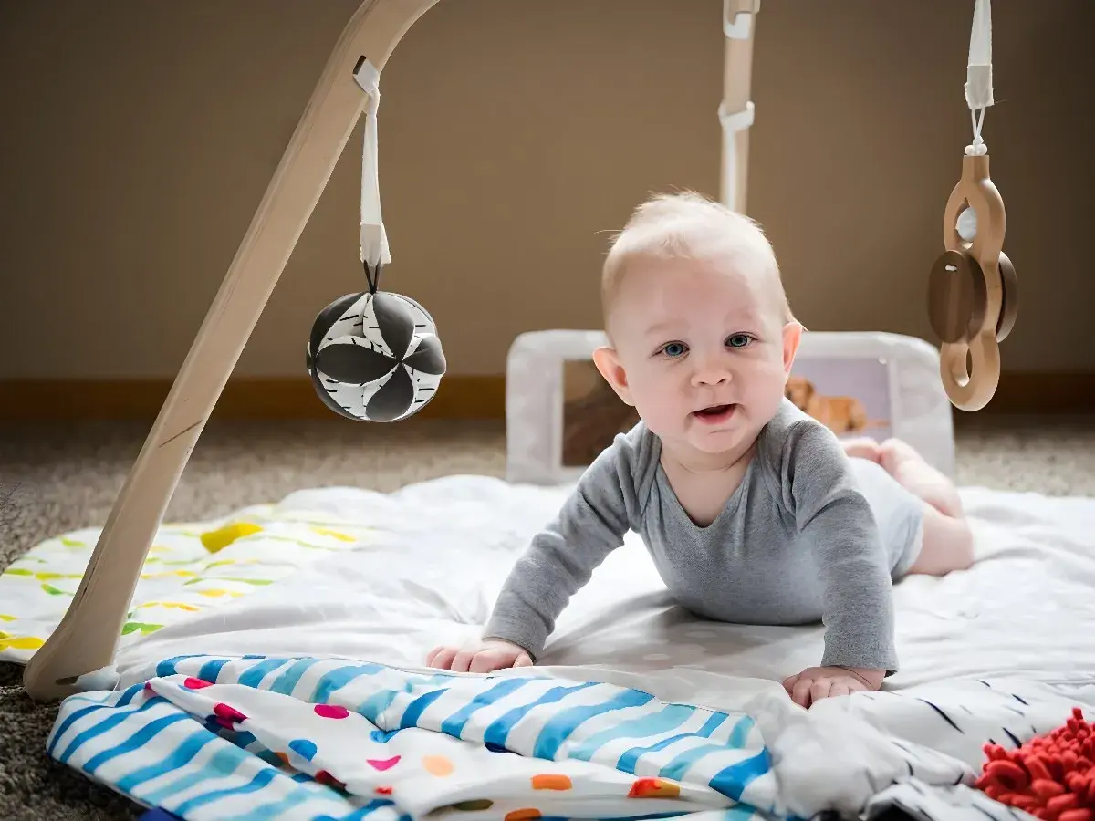 Söt bebis på en babygym med kant, redo att utforska leksakerna.