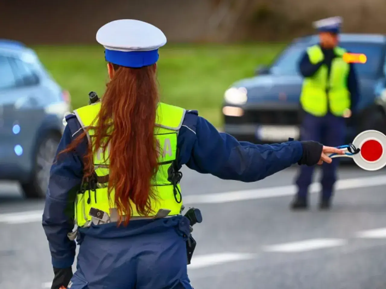 Policjantka zatrzymuje ruch, by uniknąć mandatu 24 punkty karne. Inny funkcjonariusz kieruje ruchem.