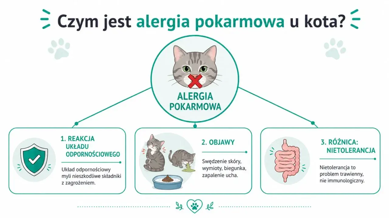 Grafika wyjaśnia, czym jest alergia pokarmowa u kota: reakcja układu odpornościowego, objawy (swędzenie, wymioty, biegunka) i różnica od nietolerancji.