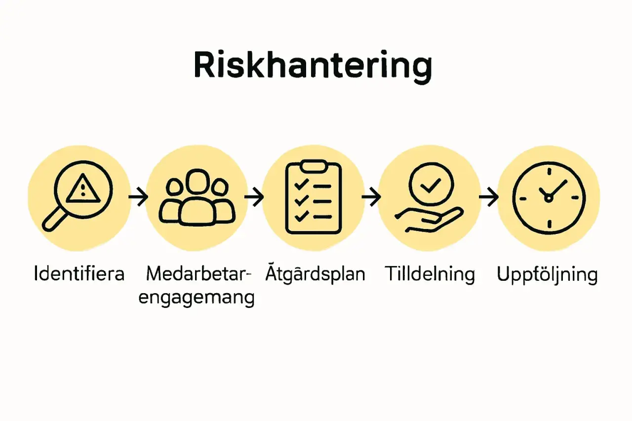 Riskhantering: Identifiera risker, engagera medarbetare, skapa åtgärdsplan, tilldela ansvar och följ upp. En viktig osa rond.