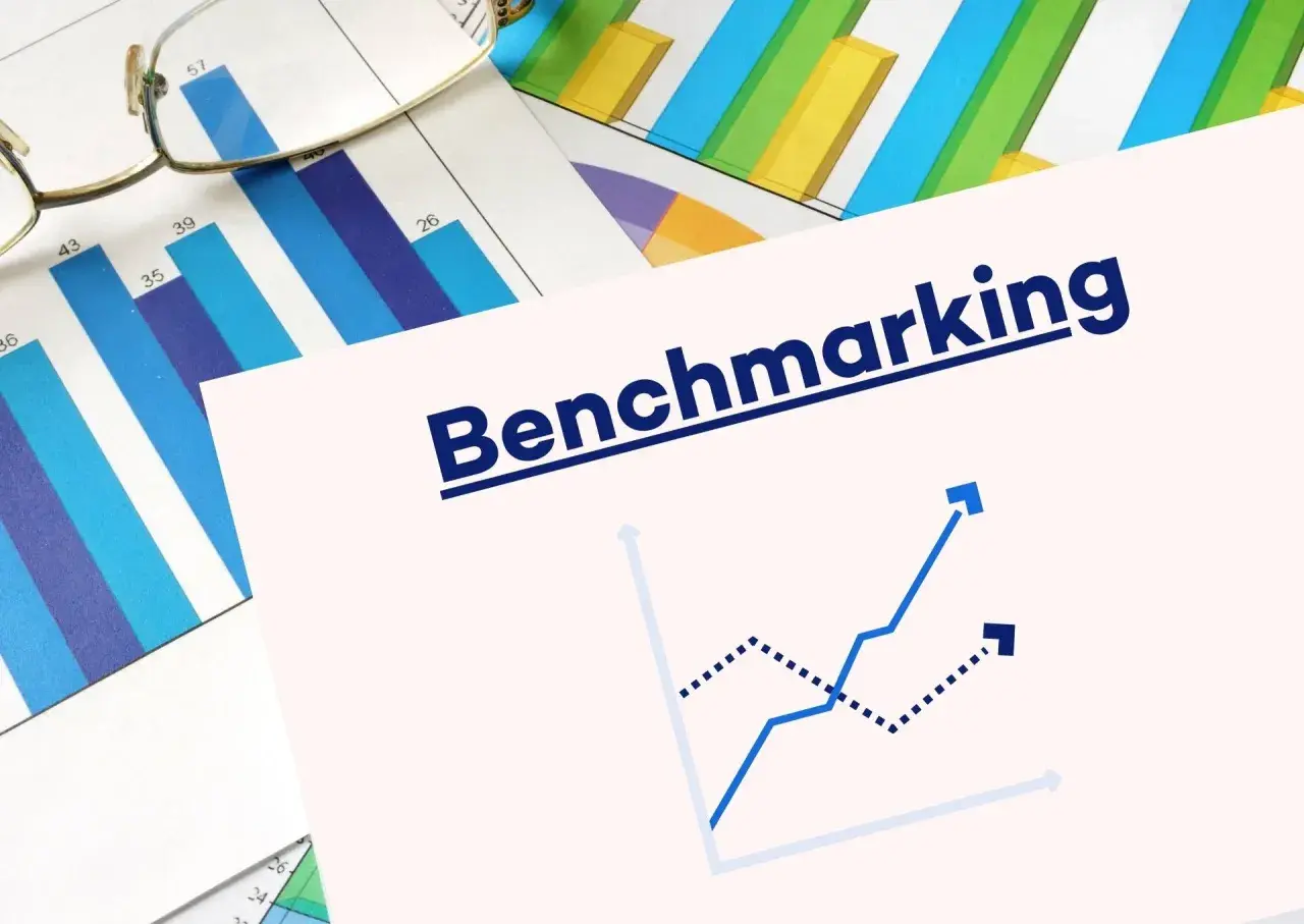 Okulary na wykresach słupkowych i liniowych. Na pierwszym planie napis "Benchmarking" i dwa wykresy liniowe, jeden rosnący, drugi malejący.