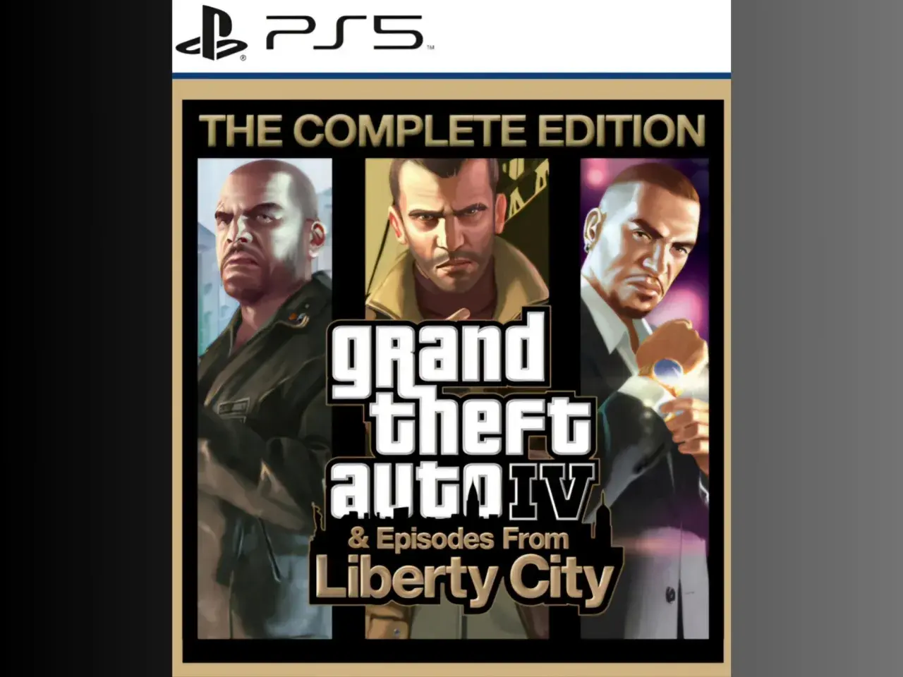 Okładka gry Grand Theft Auto IV: The Complete Edition z postaciami Niko, Johnny'ego i Luisa. Logo PS5.