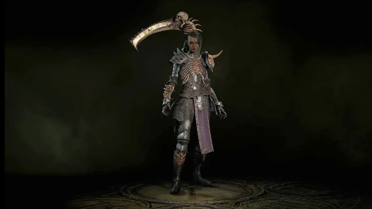 Postacie z Diablo 4: wojowniczka w zbroi z kości i czaszek, z kosą na ramieniu.