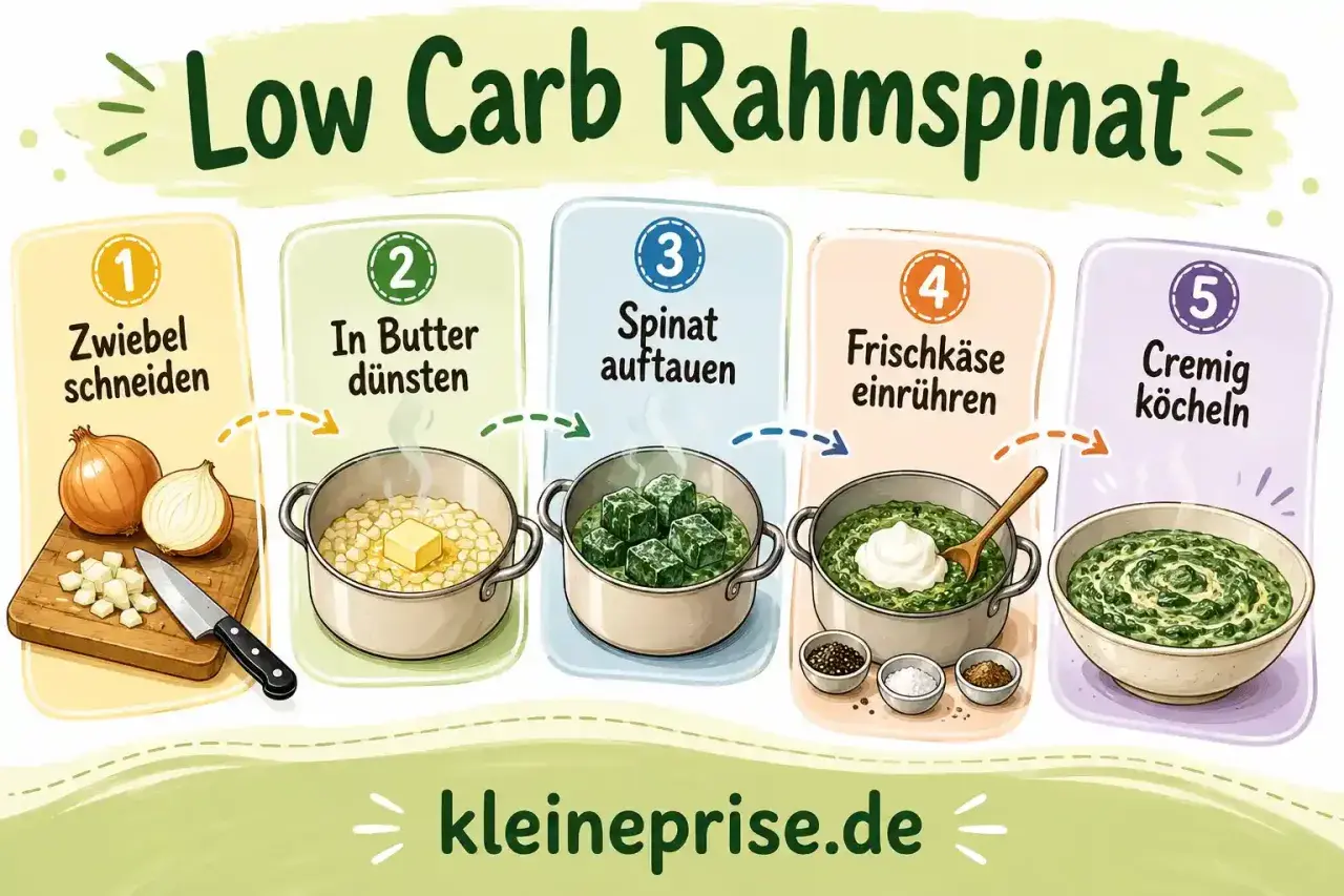 Schritt-für-Schritt-Anleitung für ein leckeres Low Carb Rahmspinat rezept: Zwiebel schneiden, in Butter dünsten, Spinat auftauen, Frischkäse einrühren und cremig köcheln lassen.