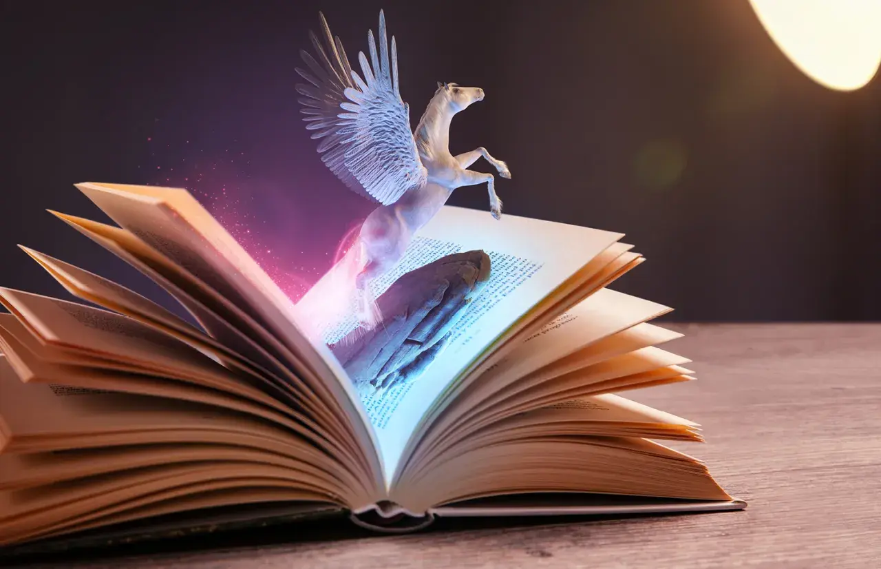 Pegaz wylatuje z otwartej księgi, symbolizując najlepsze książki fantasy. Magiczne światło otacza skrzydlatego konia.