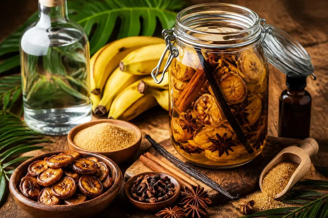 Préparation d'une recette rhum arrangé banane : bananes, sucre, cannelle, anis étoilé, vanille et rhum blanc.