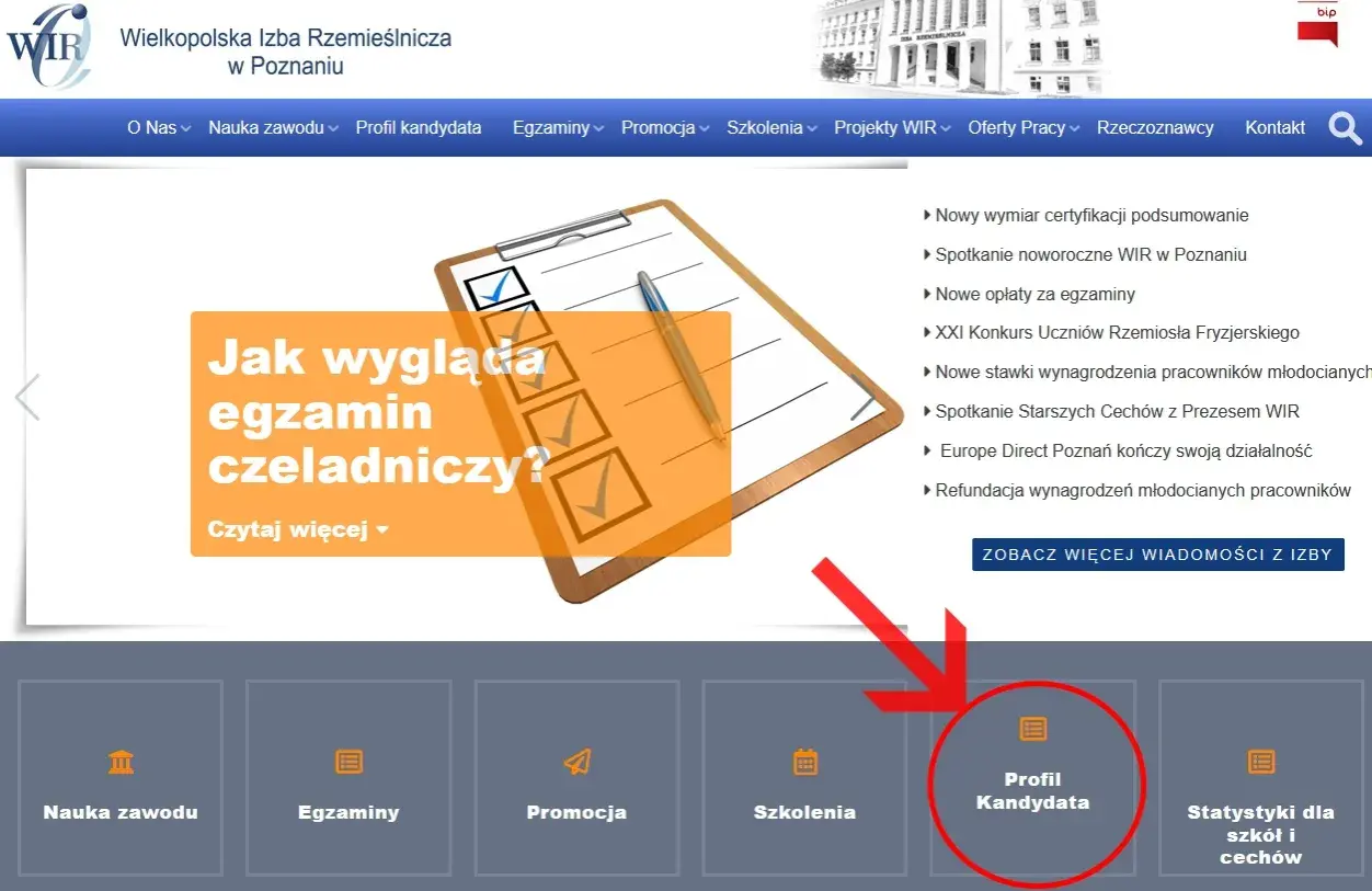 Na stronie głównej Wielkopolskiej Izby Rzemieślniczej widnieje baner z pytaniem "Jak wygląda egzamin czeladniczy?". Podkreślono sekcję "Profil Kandydata".